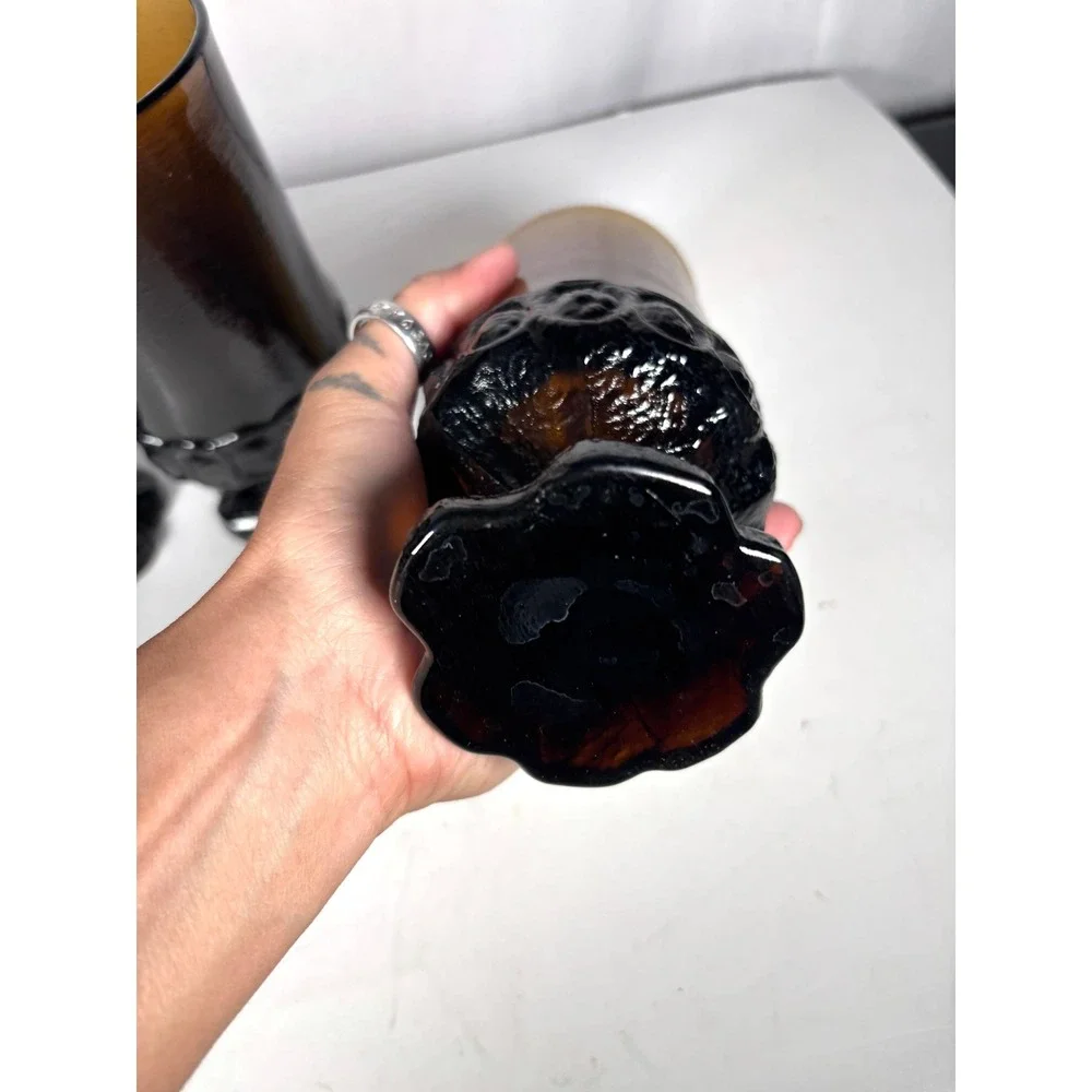 Vintage Indiana Glass Kings Crown Amber Goblets Tumblers Set Mid Century 4 Pc